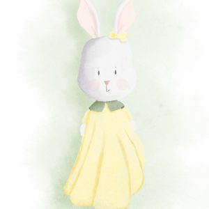 A watercolor-style illustrator of a little bunny girl.