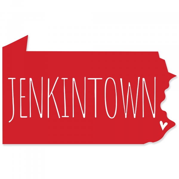 A sticker in the shape of Pennsylvania with a heart over Jenkintown in the lower right corner.